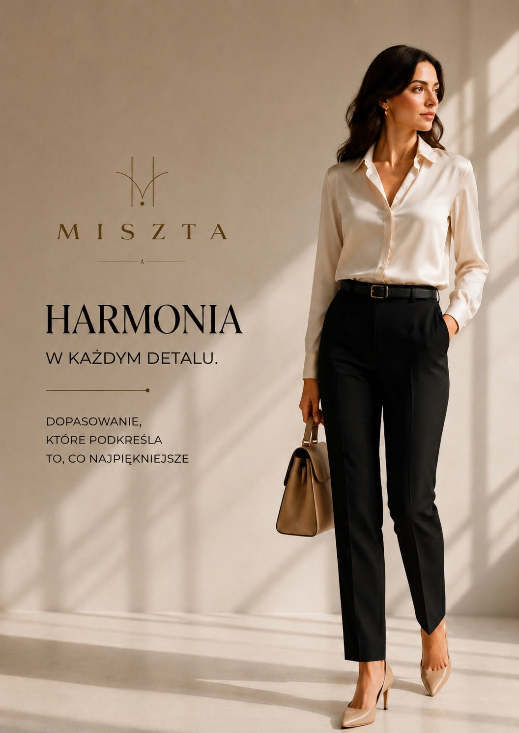 Czarne spodnie wizytowe damskie MISZTA CLASSIC z wysokim stanem i wyraźnym kantem, zestawione z elegancką kremową koszulą. Kampania „Harmonia w każdym detalu” podkreśla precyzję konstrukcji, dopasowanie i ponadczasową elegancję.