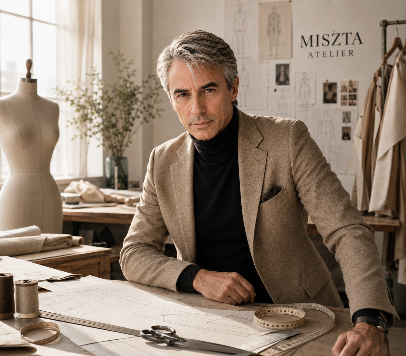 Sławomir Miszta w pracowni MISZTA Atelier – ponad 30 lat doświadczenia w projektowaniu odzieży damskiej.